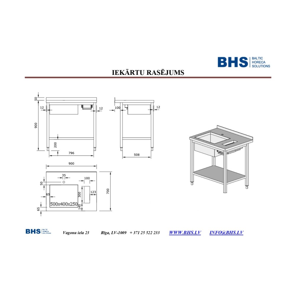 Galds ar izlietni un plauktu ar iebūvētu vietu atkritumiem  900 mm (PR-worktable-withsink-900)
