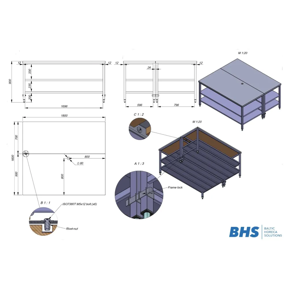 N/t darba galds-sala ar 2 plauktiem 1800mm (RAS122)