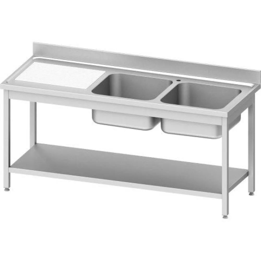 Nerūsējošā tērauda galds ar 2 izlietnēm un plauktu 1400x600 mm (954596140)