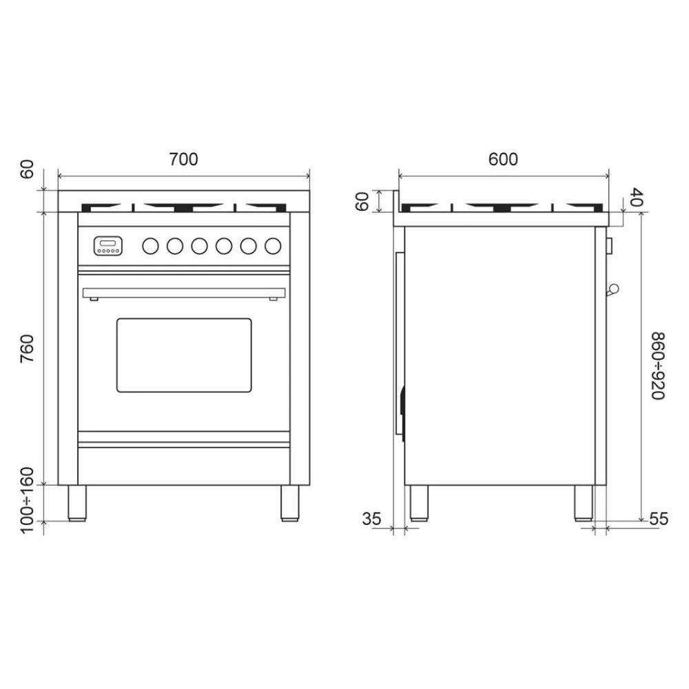 Plīts ar cepeškrāsni Professional Plus 70 cm  P07WE3  4 degļi