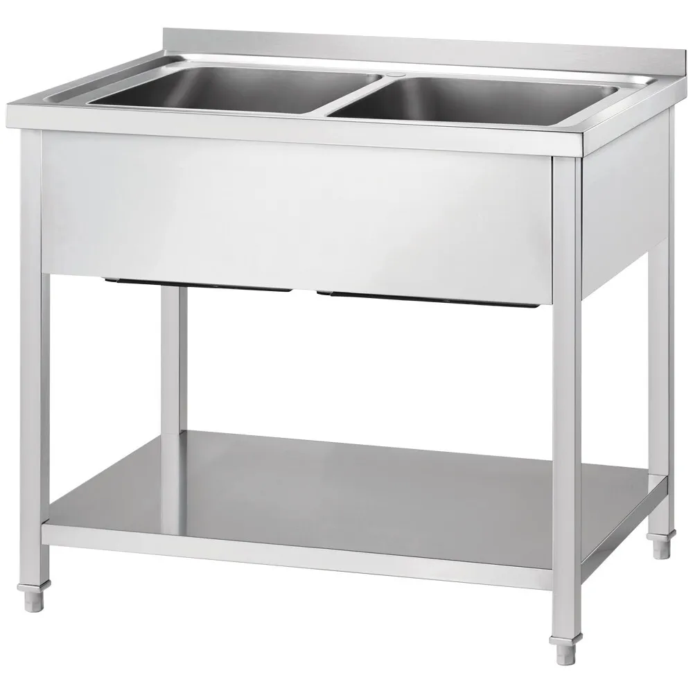 GREDIL nerūsējošā tērauda galds ar divām izlietnēm un plauktu  1200 × 600 × 850 mm (673726)