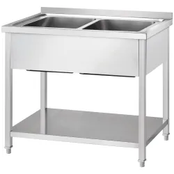 GREDIL nerūsējošā tērauda galds ar divām izlietnēm un plauktu  1200 × 600 × 850 mm