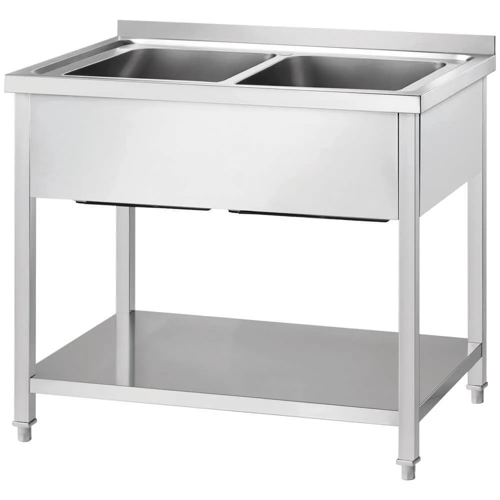 GREDIL nerūsējošā tērauda galds ar divām izlietnēm un plauktu  1200 × 700 × 850 mm (673727)