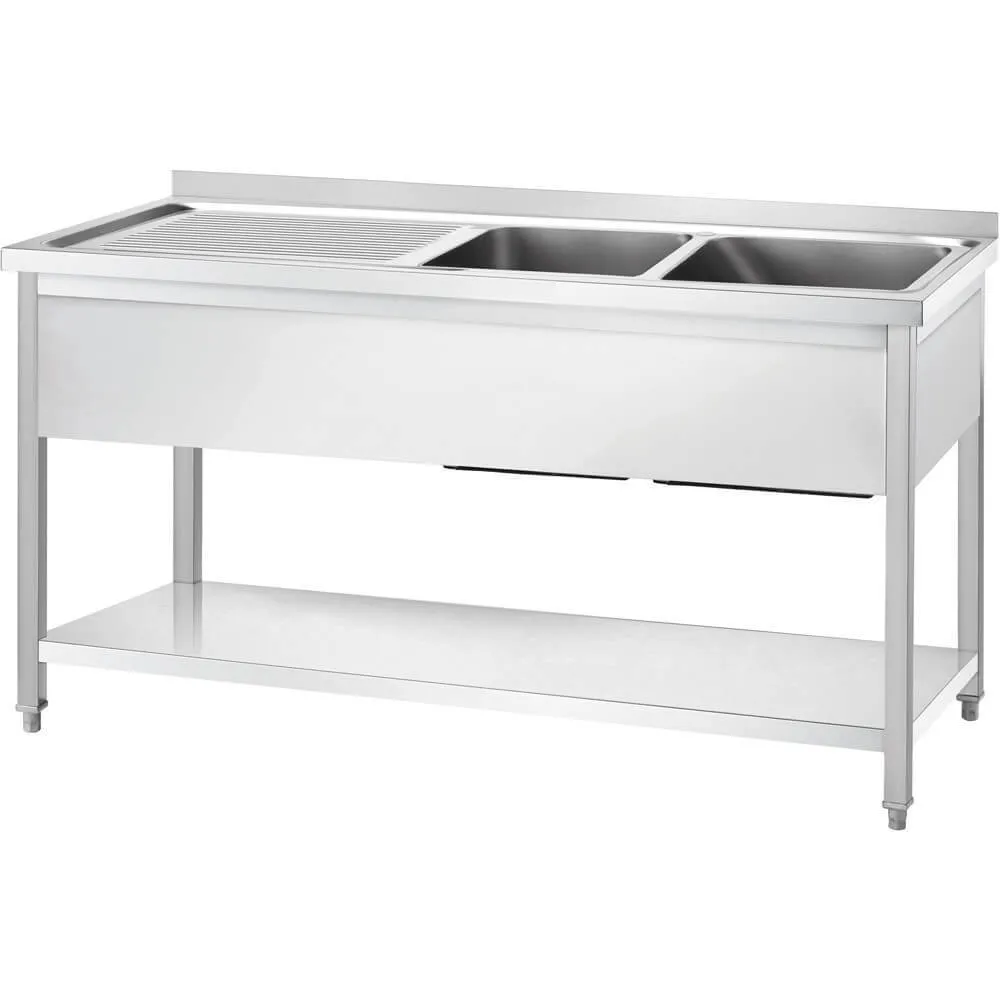 GREDIL nerūsējošā tērauda galds ar divām izlietnēm( labajā pusē) un plauktu  1400 × 600 × 850 mm (673846)