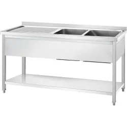 GREDIL nerūsējošā tērauda galds ar divām izlietnēm( labajā pusē) un plauktu  1400 × 600 × 850 mm