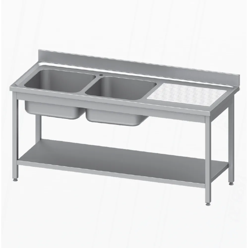 Nerūsējošā tērauda galds ar 2 izlietnēm un plauktu 1400x600 mm (954596140)